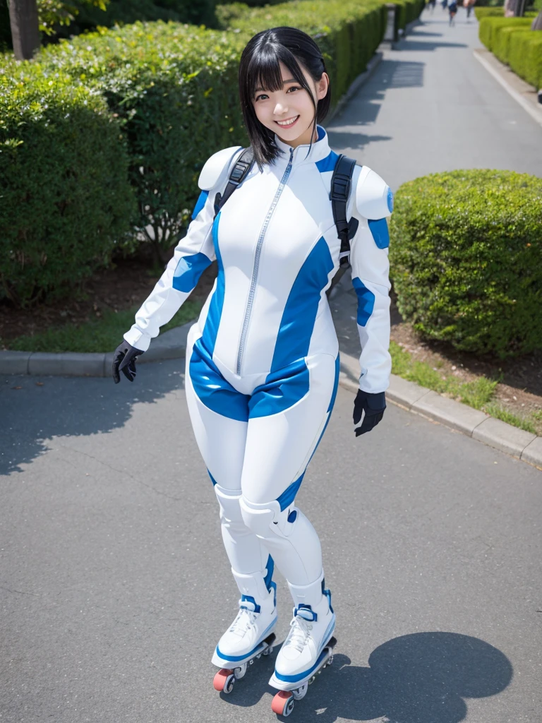 Japanese female android,Black Hair,White and blue robot suit,Plump,Roller skating on the path of the park,smile