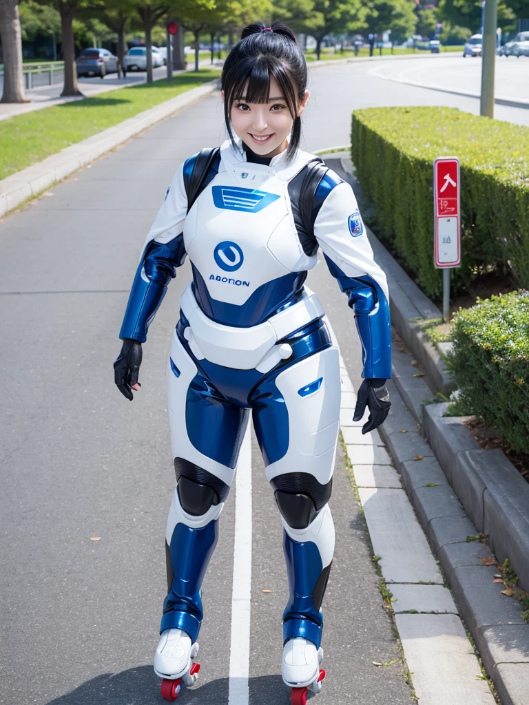 Japanese female android,Black Hair,White and blue robot suit,Plump,Roller skating on the path of the park,smile