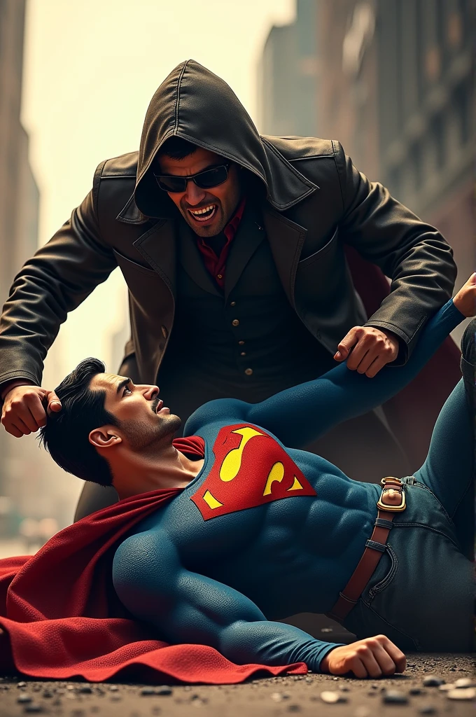 Superman on the ground with a thief on top of him who punches him