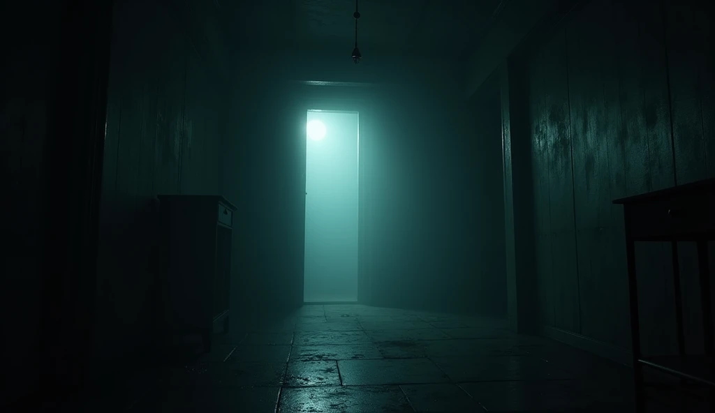 A dark room with a faint, ghostly light illuminating the space.