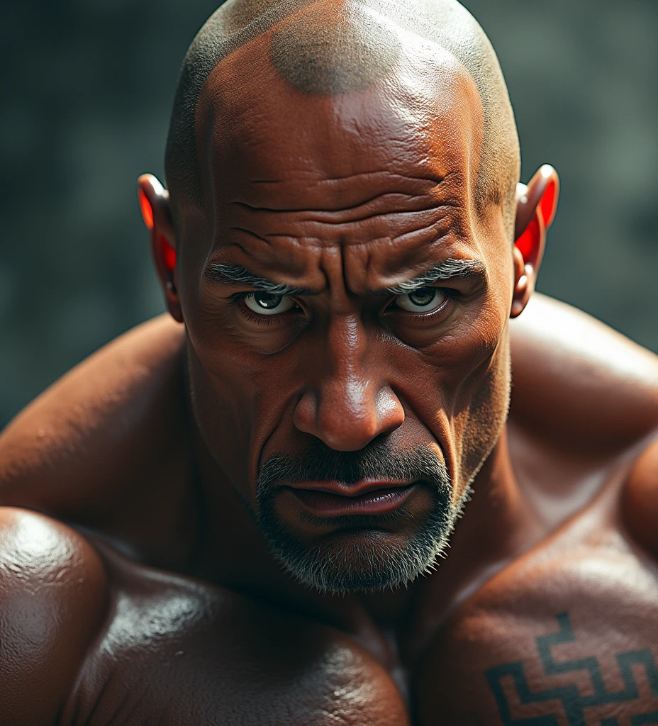 A muscular, scowling face of Dwayne "The Rock" Johnson, extremely detailed, hyperrealistic, cinematic lighting, dramatic shadows, 8K, photo-realistic, (best quality,4k,8k,highres,masterpiece:1.2),ultra-detailed,(realistic,photorealistic,photo-realistic:1.37),high contrast, chiaroscuro, powerful expression, intense gaze, veins, pores, stubble, intimidating