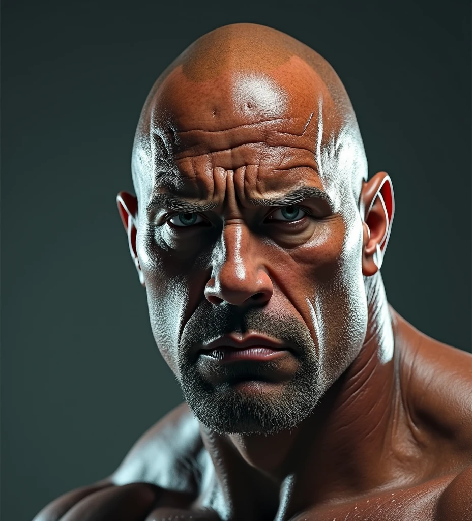 A muscular, scowling face of Dwayne "The Rock" Johnson, extremely detailed, hyperrealistic, cinematic lighting, dramatic shadows, 8K, photo-realistic, (best quality,4k,8k,highres,masterpiece:1.2),ultra-detailed,(realistic,photorealistic,photo-realistic:1.37),high contrast, chiaroscuro, powerful expression, intense gaze, veins, pores, stubble, intimidating