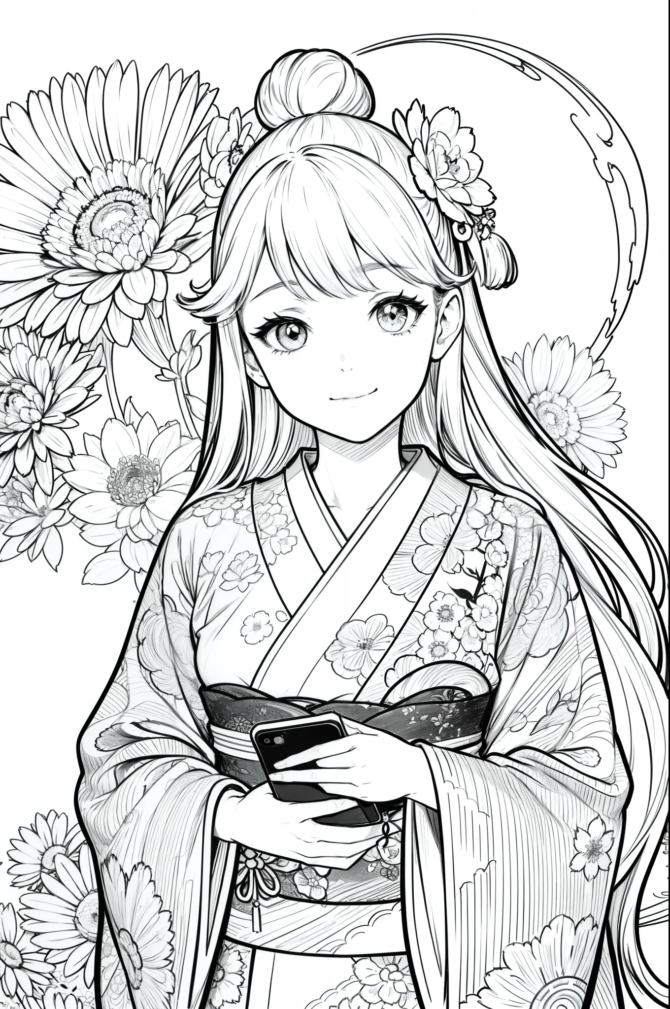 Masterpiece, top class, unique, cute, flowers, line drawing background, white background, monochrome, line drawing, ((sketch)), creepy, white eyes, create a monochrome coloring book that even adults can easily do, a realistic and cute ukiyo-e of a smiling girl wearing a kimono with Mt. Fuji in the background, holding an iPhone in one hand, conveying Japanese culture.