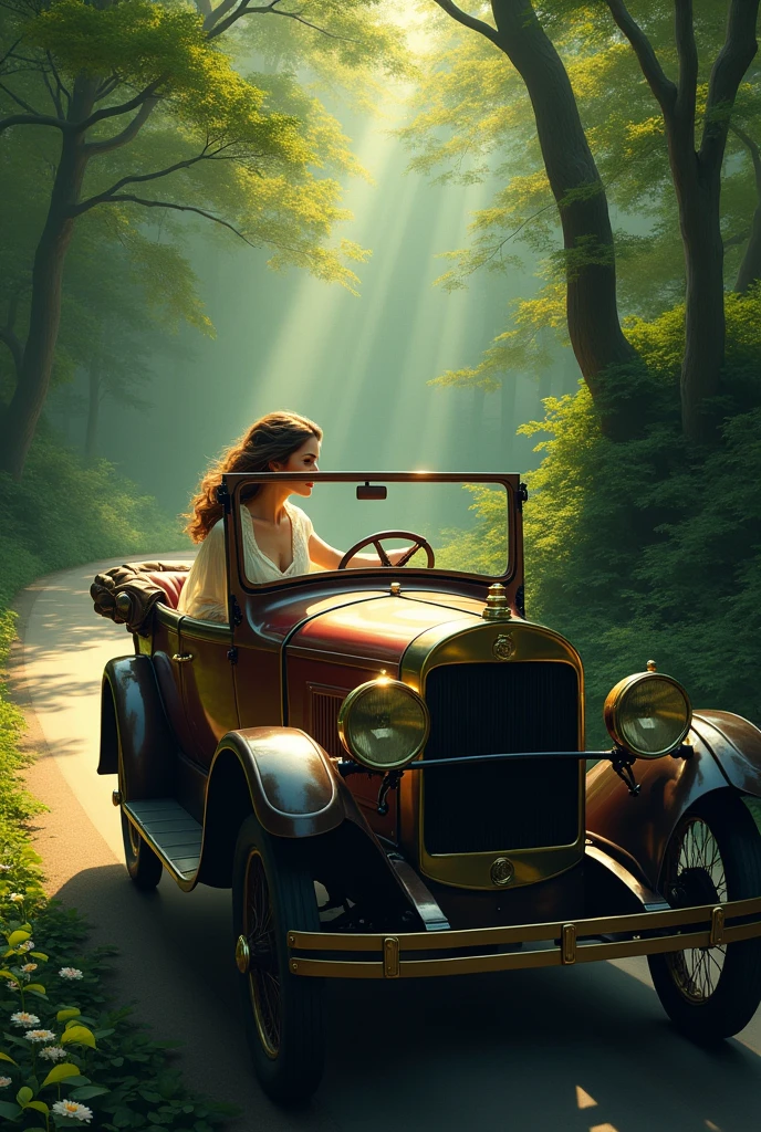 Beautiful lady driving a old car with forest 
