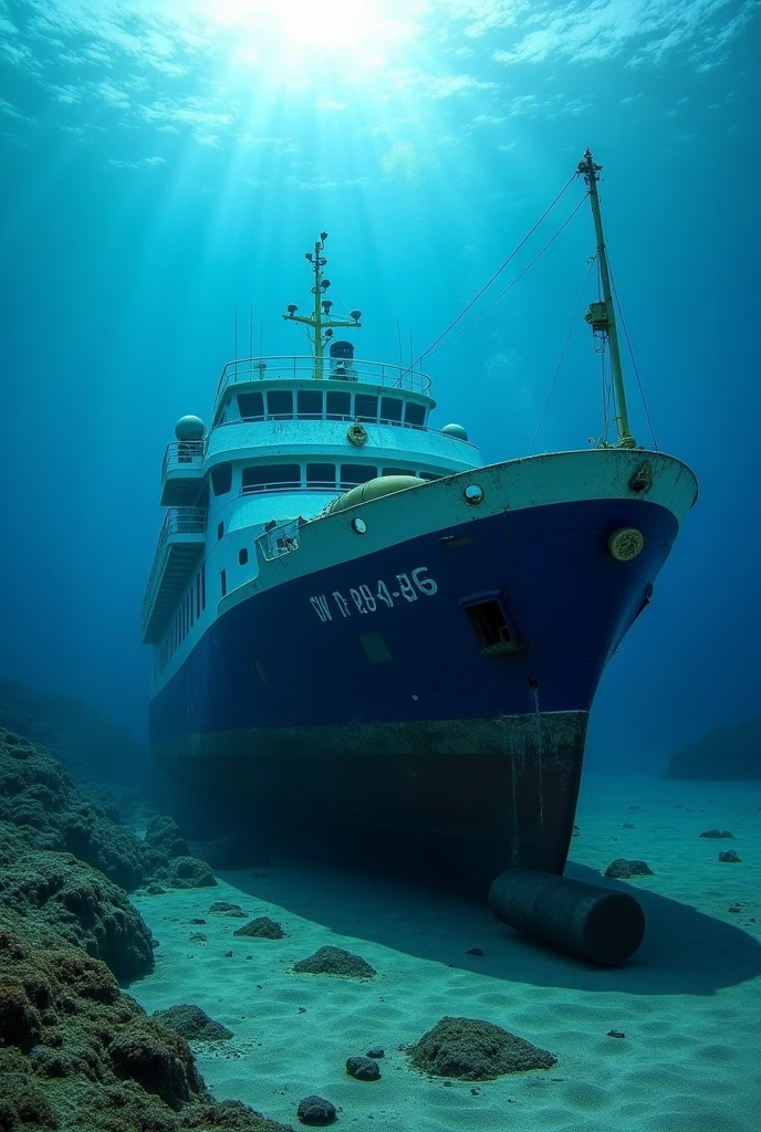 A Salvage operation to raise the MV Princess of Philippines at 100 meters with airbags at the bottom of the ship with a blue hull size of a passenger ferry