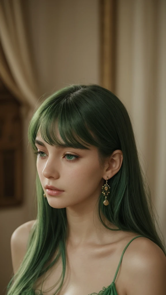 a girl. European. Extremely detailed face. Oval face. Delicate facial features. Half-closed eyes. Long straight hair. Messy hair. Bangs. Green hair. Green eyes. earrings. Green silk nightgown. Sultry. Smoldering. Seductive. Alluring