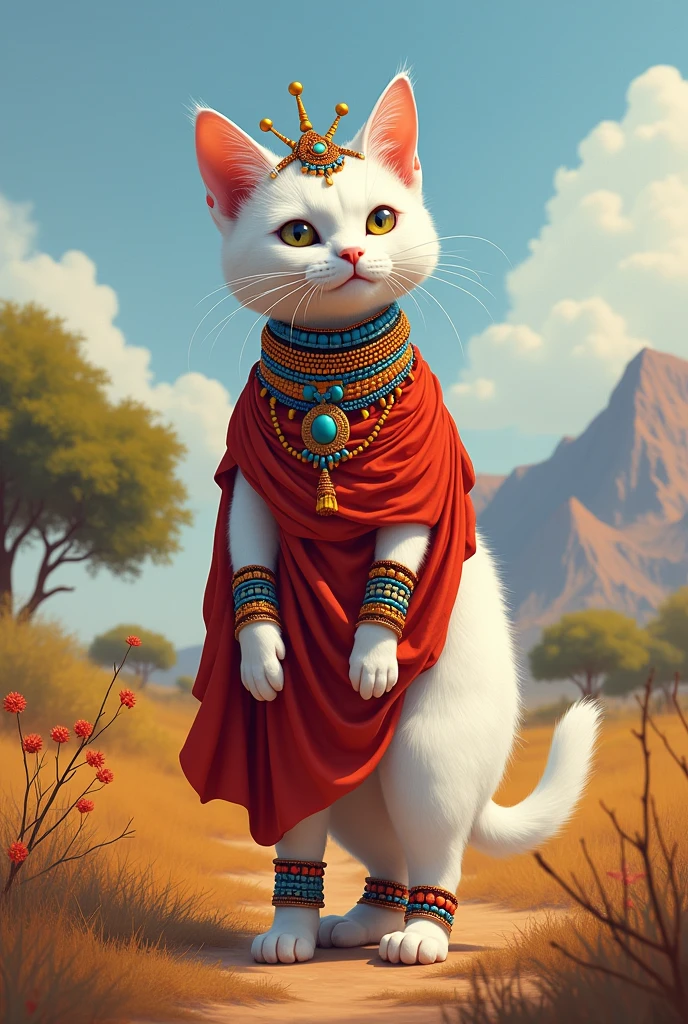 "A white cat walking on her hind legs in a vibrant African savannah, wearing a traditional Maasai bridal outfit. The cat is adorned with colorful beaded jewelry, a bright red shuka, a headpiece made of beads and feathers, and sandals made from animal hide. The background features acacia trees and distant mountains."