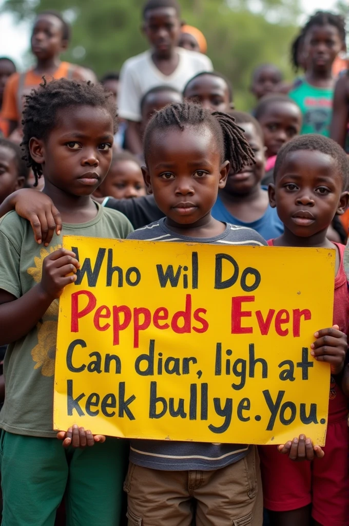 The third African children carrying banners on top each with it's own message saying that the children are being bullied now the second message saying that tertures enough and third message saying that the government will protect us while they are in front of public
