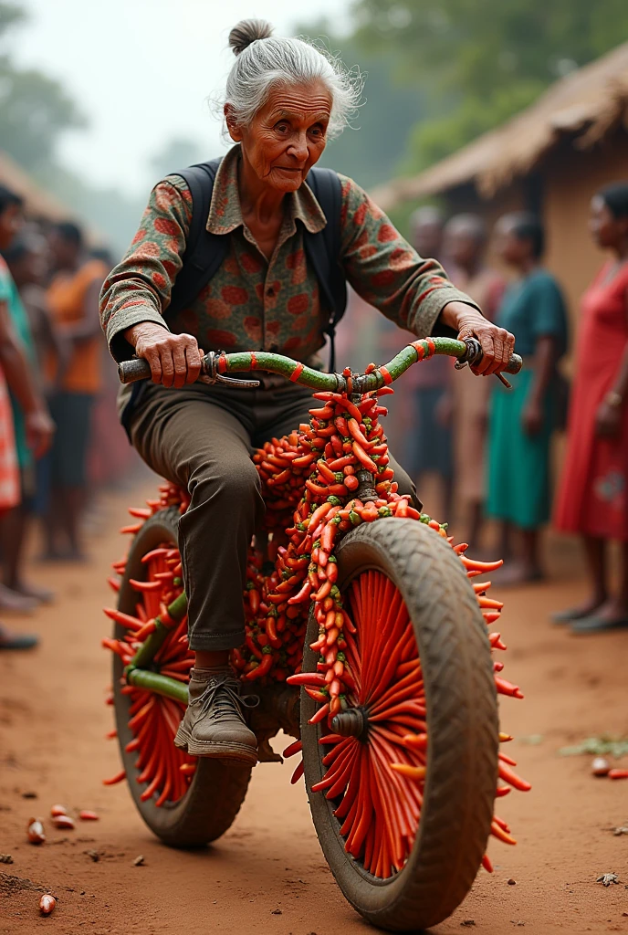 A old women makes a bike with chilli in village and many people croud