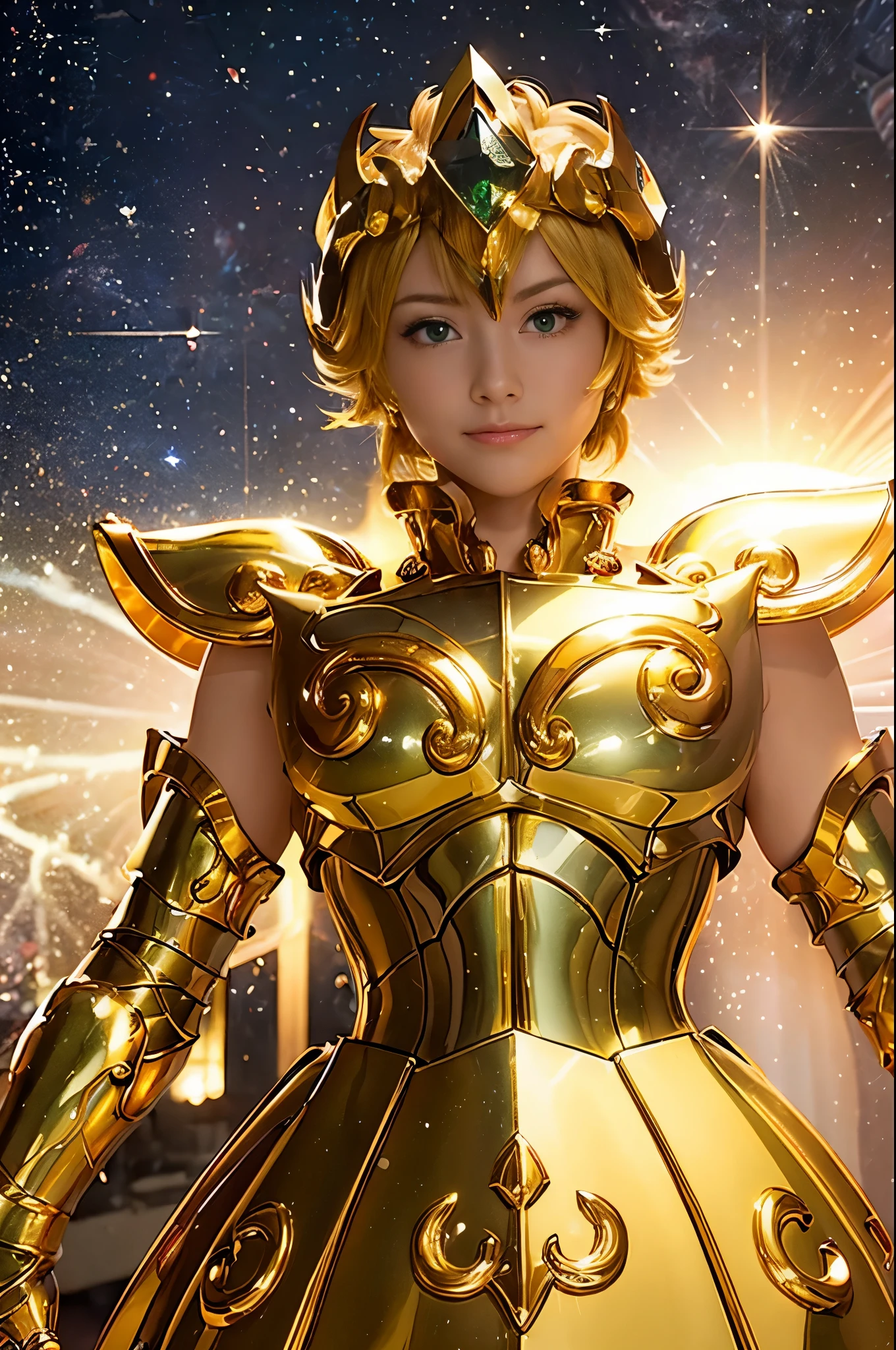 Highest quality, 8k, Super detailed, High resolution, Realistic skin texture, armor, (Realistically: 1.4), High resolution,Ultra HD、Ultra-clear、White and beautiful translucent skin、Beautiful and well-proportioned face、Cute smile、Saint Seiya of Libra、全身を黄金のarmorで覆う、黄金のarmorを纏った聖騎士、Golden Tiara、全身を派手な彫刻で覆う黄金のarmor、重厚感のある金色のarmor、Translucent beautiful green eyes、Blonde Short-Haired、Big Breasts、Outer space background、