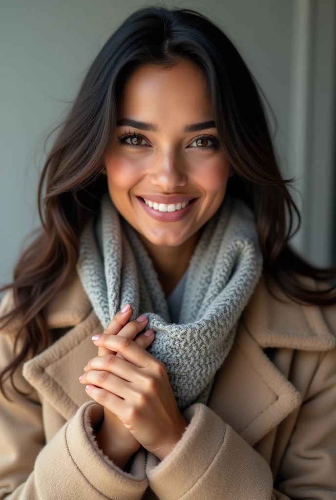 There is a young, Beautiful indian woman, who looks to the future like Katrina Kaif, Smiles into the camera, beautiful teeth, She looks into the camera, a portrait from raw photo, feet, hands, body, winter, coat, modern scarf,