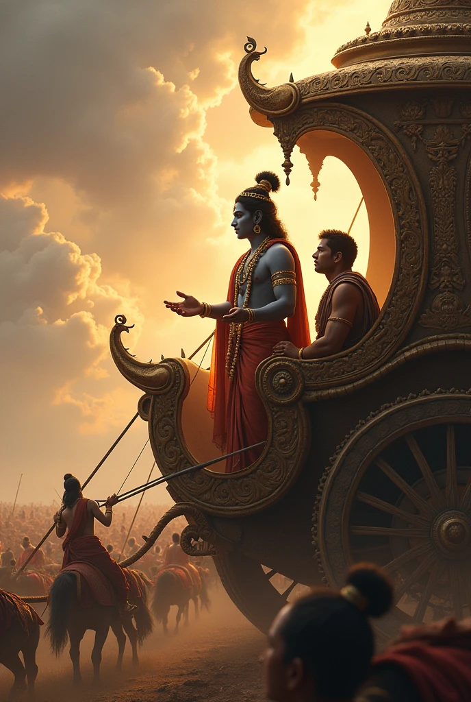 Lord krishna standing alongwith Arjun in battlefield and lecturing him , both are sitting on a chariot, both are of same height,krishna pointing his hands towards battle, both looking in same direction towards the battlefield, dynamic lighting, mythology imagination