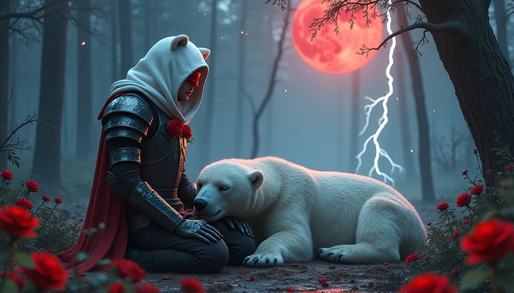 Male knight with a white hood with bear ears with sword behind his back sits on the ground towards a polar bear in a forest while the moon shines, many Roses cover the ground and lightning falls from the sky. The polar bear sleeps in front of the knight. Only the man wears a red blindfold. In the background of the picture is the blood moon and a tree has fallen down in the path. The forest is full of trees with leaves. The armor of the man is black and red roses decorate it. The knight holds his sword down. The sky is full of stars. 
