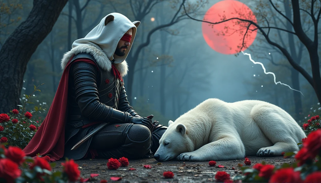 Male knight with a white hood with bear ears with sword behind his back sits on the ground towards a polar bear in a forest while the moon shines, many Roses cover the ground and lightning falls from the sky. The polar bear sleeps in front of the knight. Only the man wears a red blindfold. In the background of the picture is the blood moon and a tree has fallen down in the path. The forest is full of trees with leaves. The armor of the man is black and red roses decorate it. The knight holds his sword down. The sky is full of stars. 
