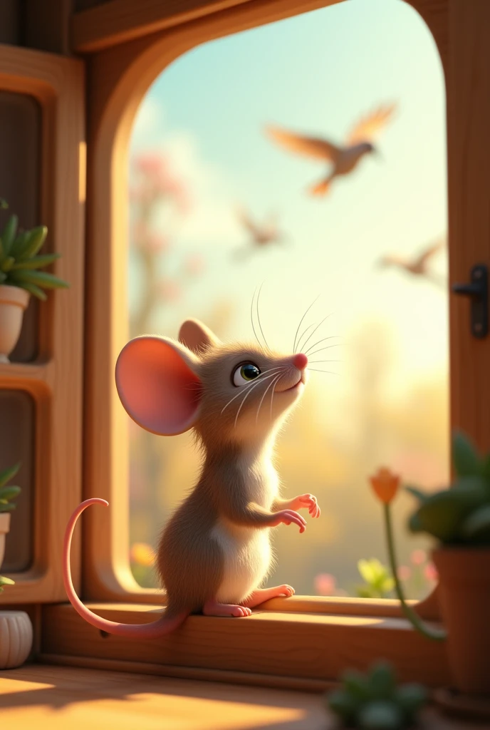 Need 3D animation style"Dream**: Every day, mouse watched the birds and dreamed of joining them in the sky.