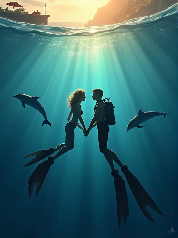 Underwater scene: female diver and male diver hand-in-hand. Dolphins nearby. Coastal town silhouette above. Warm sunlight filtering through blue waters. Beach umbrella and surfboard visible on surface. Mood: romantic, peaceful. Captures love, marine life, and everyday coastal living. Dark blue