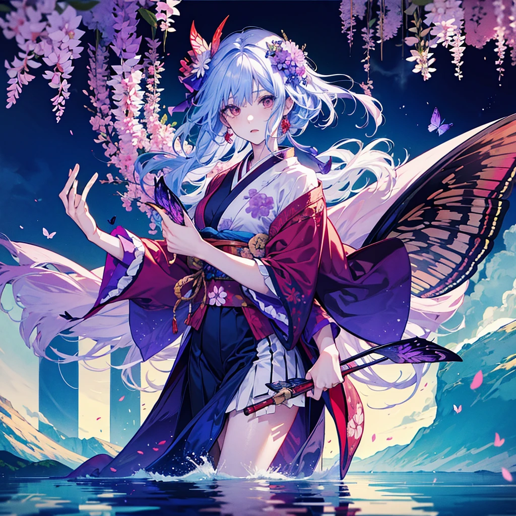 1 beautiful anime demon slayer, butterflies, lake, wisteria, red kimono