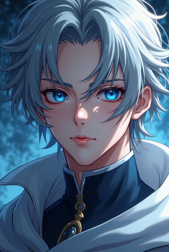 A young man with gray hair and dark blue eyes，Wearing a white cape，Anime style，Detailed facial features，（Best quality，4K，8k，high resolution，masterpiece：1.2），Ultra Detail，（Realism，照片Realism，照片Realism：1.37），超Realism，Vibrant colors，Dramatic Lighting，Intricate details，grace，fantasy，number