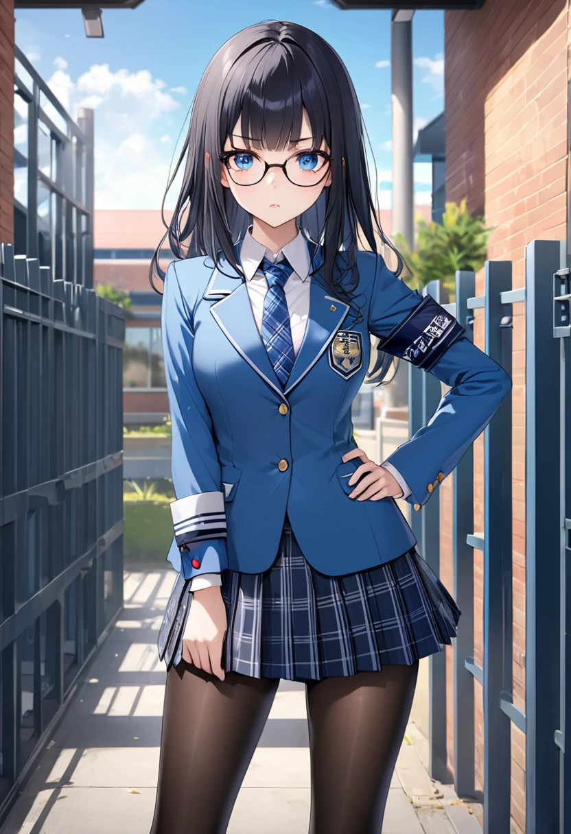 1 high school girl、Highest quality、Very detailed、High resolution illustrations、Ultra-high-definition CG、8k size wallpaper、beautiful glossy black hair、beautiful, Clear blue eyes、Glasses、Straight hair、bangs、Hime cut、Indigo blue blazer with emblem on left chest、(((Disciplinary Committee Blue Armband)))、Collared shirt、Patterned blue tie、Gray tartan check long pleated skirt、Black Pantyhose、Black Loafers、The disciplinary committee chairperson has a sharp and mature look.、morning、Surprise outfit check in front of the school gates、A little pouty、place your left hand on your hip、