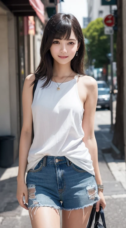 (Realistic, photo-Realistic:1.4), (masterpiece, Highest quality:1.2), RAW Photos, High resolution, Intricate details, Very detailed, Sharp focus, Portraiture, alone, One girl, Detailed face, Detailed eyes, Refined nose, smile, Photo Background, Street、Black Hair,semi-long,Trendy and sophisticated clothing,With bangs,denim