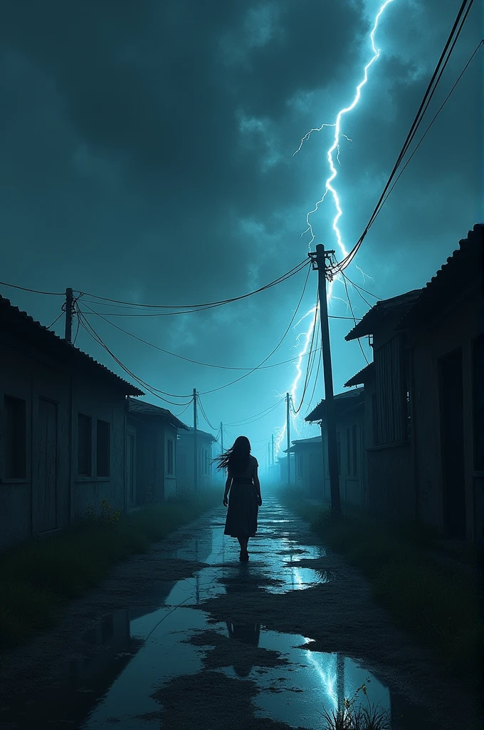 Describe Snehha walking down a desolate village path at night. The weather is stormy, with strong winds and thunder.