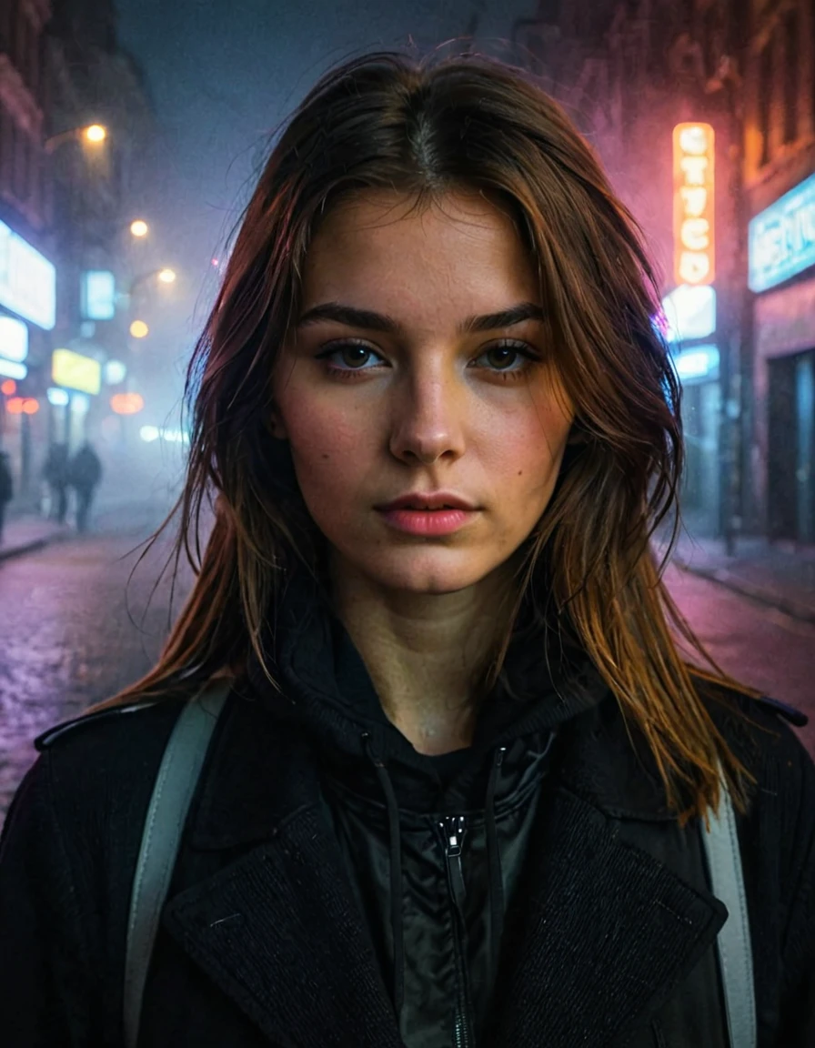 city street, neon, fog, volumetric, closeup portrait photo of young woman in dark clothes