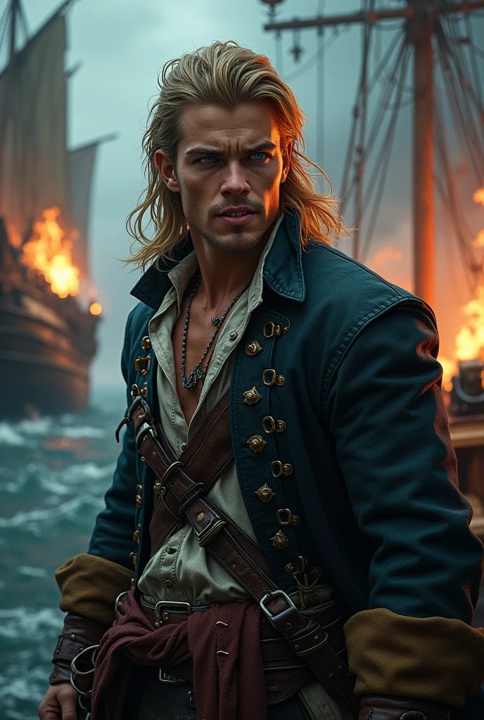 ((best quality:1.3)), ((masterpiece:1.3)), ((detailed background:1.3)), ((detailed face:1.3)), (Highly detailed face:1.2), (1 person, Handsome muscular young dutch man:1.2), (A happy smile: 1.3), (Natural look:1.3), (A lively smile:1.3),Blue Eyes, Golden Hair, Straight hair, (Overall view of a pirate ship:1.3), skin, Character Focus, Portraiture, View your viewers, alone, Upper Body, Detailed Background, sinister smile, Those who cannot, Rich pirate costume, Tattoo, Dark Fantasy Theme, (((Detailed Pirate Ship:1.3))), wooden deck of a ship, cannon, gunpowder, Flintlock pistol type, flying debris, pirate battle, Maelstrom, Dark Storm, it's raining, Tropical Beach, pirate hideout, dock, camp, Palm tree, sand, peaceful, sun, Loot, azimuth magnetic needle, treasure,Photon Mapping,High Contrast,Glitter、fresh、Leonardo DiCaprio