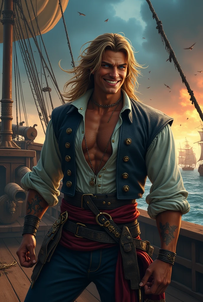 ((best quality:1.3)), ((masterpiece:1.3)), ((detailed background:1.3)), ((detailed face:1.3)), (Highly detailed face:1.2), (1 person, Handsome muscular young dutch man:1.2), (A happy smile: 1.3), (Natural look:1.3), (A lively smile:1.3),Blue Eyes, Golden Hair, Straight hair, (Overall view of a pirate ship:1.3), skin, Character Focus, Portraiture, View your viewers, alone, Upper Body, Detailed Background, sinister smile, Those who cannot, Rich pirate costume, Tattoo, Dark Fantasy Theme, (((Detailed Pirate Ship:1.3))), wooden deck of a ship, cannon, gunpowder, Flintlock pistol type, flying debris, pirate battle, Maelstrom, Dark Storm, it's raining, Tropical Beach, pirate hideout, dock, camp, Palm tree, sand, peaceful, sun, Loot, azimuth magnetic needle, treasure,Photon Mapping,High Contrast,Glitter、fresh、Leonardo DiCaprio