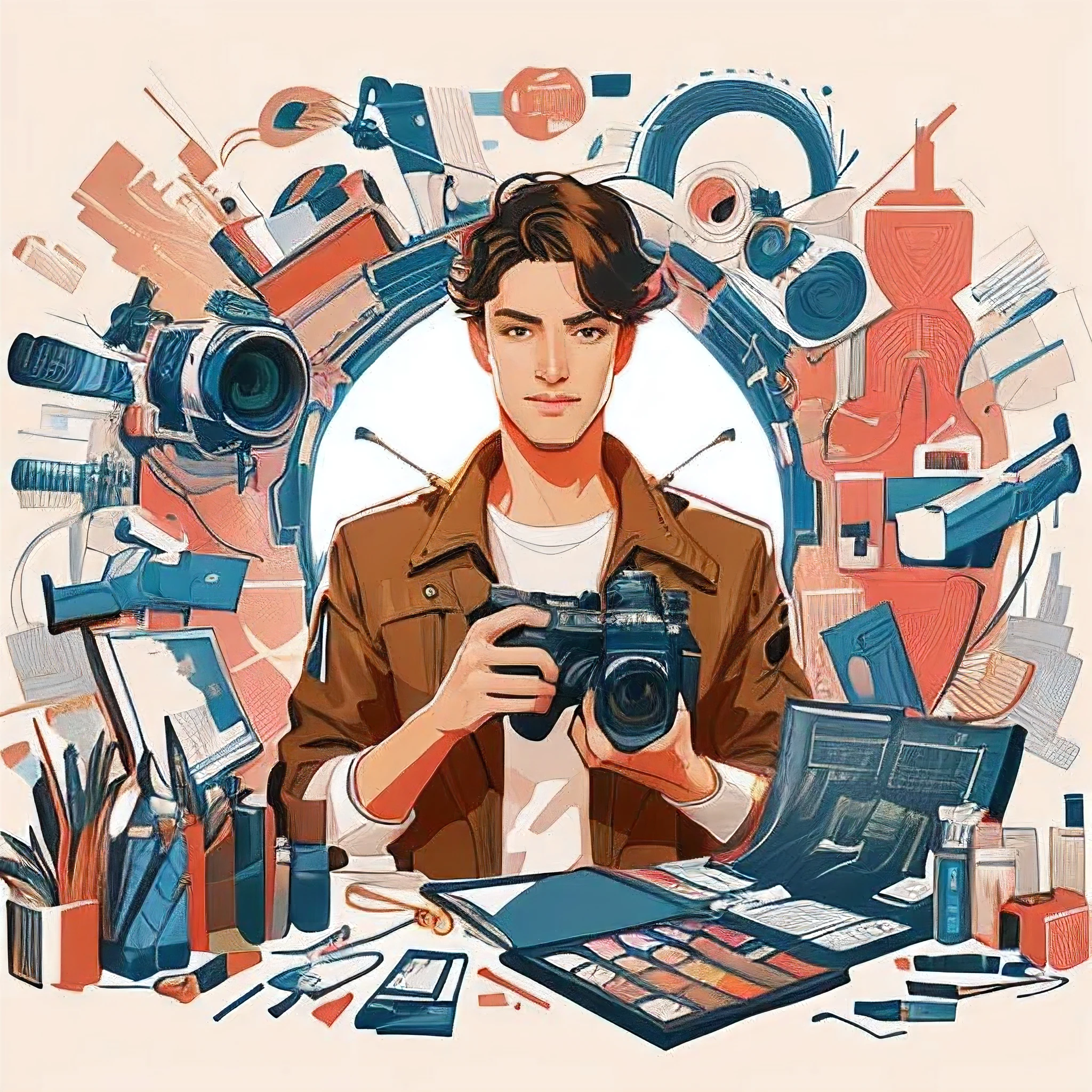 Illustration depicting a man holding a camera and a camera, professional illustration, digital illustration 스타일로, professional illustration, Photo style, Commercial Illustration, Illustration style, digital illustration -, Kilian Eng&#39;s style, 4K. professional photography, 절묘한 digital illustration, Photo Fashion Edition, digital illustration, Figure 8K, digital illustration, Accurate depiction of human facial expressions