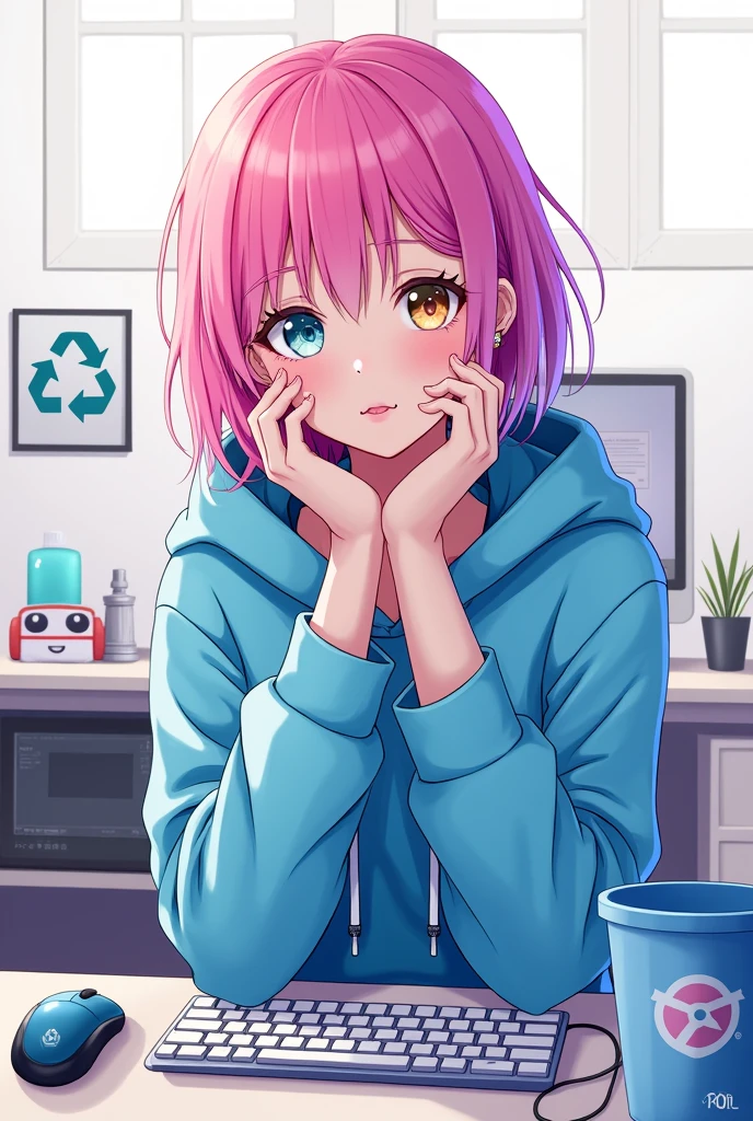 mika pikazo, 1 girl, blue eyes, blue hoodie, computer, earrings, hood, hoodie, jewelry, keyboard (computer), Logo, parodia del Logotipo, mouse (computer), multicolored eyes, pink hair, Recycle Bin, Alone, White background, yellow eyes, ,