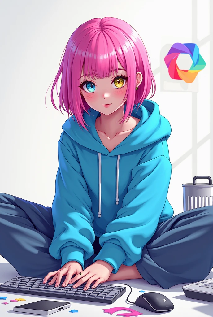 mika pikazo, 1 girl, blue eyes, blue hoodie, computer, earrings, hood, hoodie, jewelry, keyboard (computer), Logo, parodia del Logotipo, mouse (computer), multicolored eyes, pink hair, Recycle Bin, Alone, White background, yellow eyes, ,