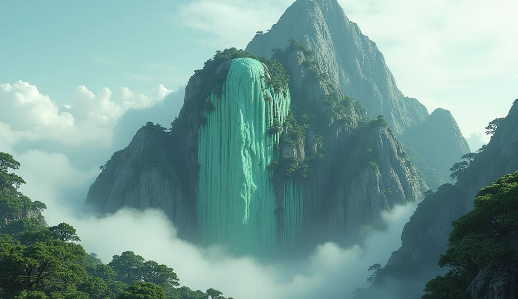 There is a high mountain,Half of the face is smooth jade,The other half is covered with strange trees.(best quality,4K,8k,High level,masterpiece:1.2),Ultra Detailed,(lifelike,Photo real,Photo real:1.37)