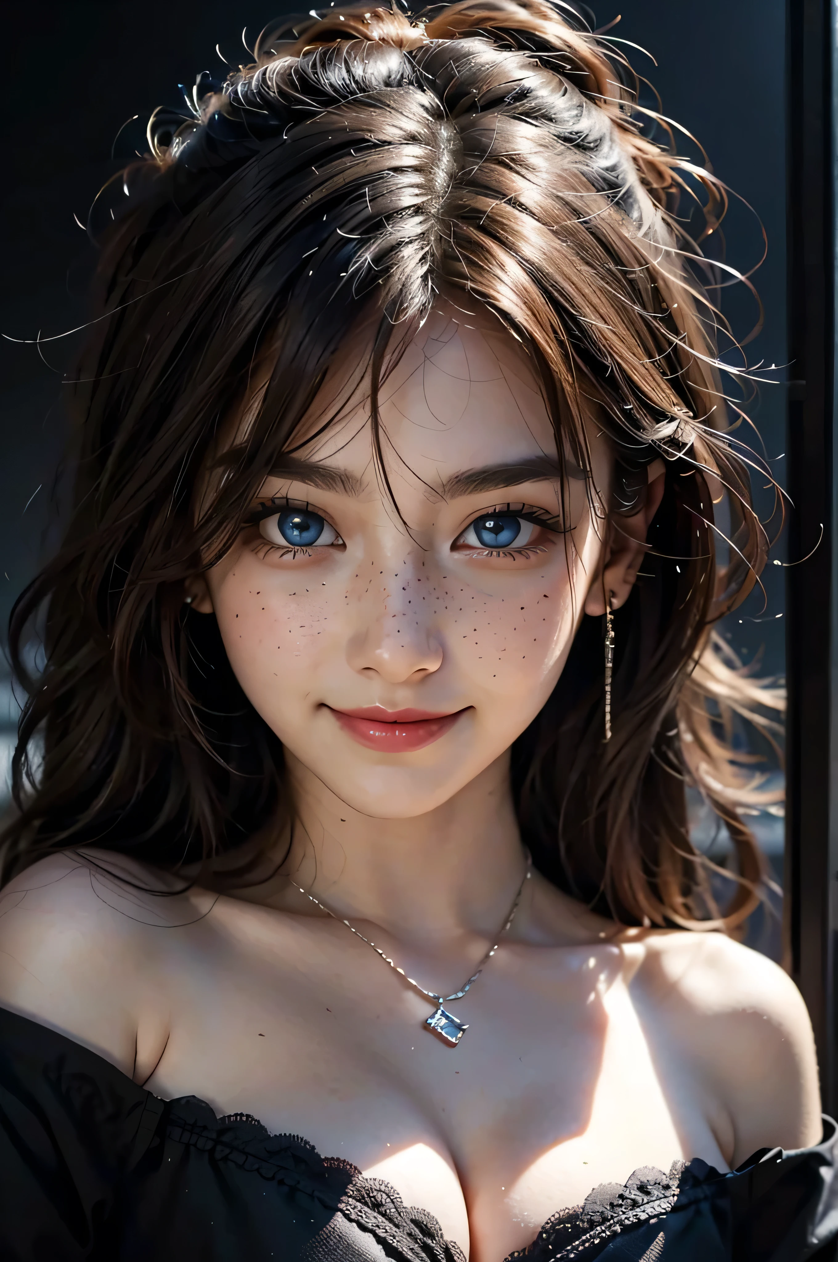 masterpiece, Highest quality, Super detailed, Super detailed, Realistic, Sharp features, Very detailed, Sharp focus, ((Small: 2.0)), Perfect Face, Perfect Face, Perfect symmetrical perfect eyes, Perfect Plump Lips, Flexible female form, cinematic, Film Light, Super detailed, hyper Realistic, High resolution, Vibrant, Dynamic Studio Lighting, ((Dark Background)), Sexy Face, The expression when receiving pleasure, Exposed cleavage, Blue eyes, bra, freckles, earrings, necklace, smile