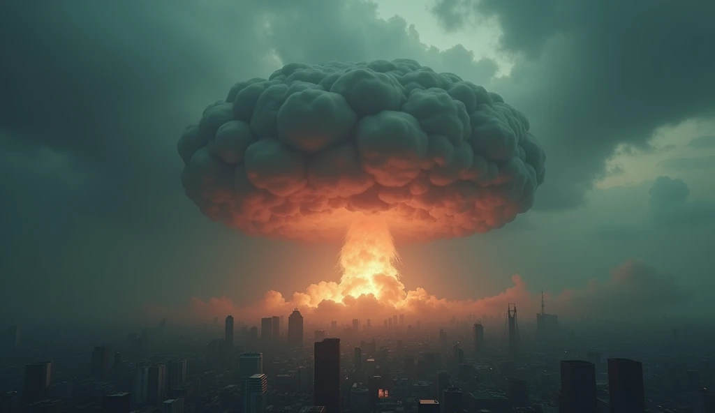a massive nuclear bomb falling from the sky towards a city, cinematic perspective, dramatic dark clouds, dramatic lighting, dystopian, dark moody atmosphere, intense, cinematic, photorealistic, 8k, highly detailed, advanced 3d rendering, dramatic lighting, dramatic colors, dark, (best quality,4k,8k,highres,masterpiece:1.2),ultra-detailed,(realistic,photorealistic,photo-realistic:1.37),dystopian,dramatic,cinematic,dark moody atmosphere,intense,advanced 3d rendering,dramatic lighting,dramatic colors,dark,nuclear bomb,city,dark clouds,top down view