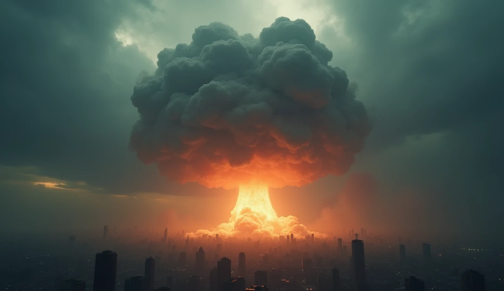 a massive nuclear bomb falling from the sky towards a city, cinematic perspective, dramatic dark clouds, dramatic lighting, dystopian, dark moody atmosphere, intense, cinematic, photorealistic, 8k, highly detailed, advanced 3d rendering, dramatic lighting, dramatic colors, dark, (best quality,4k,8k,highres,masterpiece:1.2),ultra-detailed,(realistic,photorealistic,photo-realistic:1.37),dystopian,dramatic,cinematic,dark moody atmosphere,intense,advanced 3d rendering,dramatic lighting,dramatic colors,dark,nuclear bomb,city,dark clouds,top down view