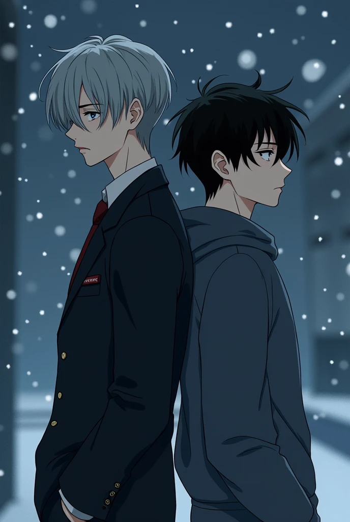 With the manhua drawing of Chinese comics. Draw a picture of a boy (White skin, High ráo, Handsome, grey bangs, wear a suit) leaning against a guy's back (White skin, High, Handsome, wear hoodie, black hair) Evening scene with little snowfall, Sad