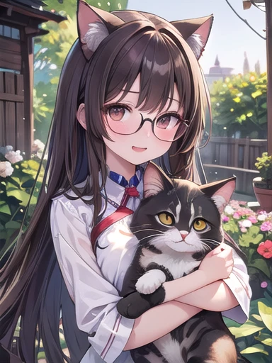 1 female、Brown Hair、Brown eyes、Highest quality、Very detailed、8 Resolution、RAW Photos、masterpiece、Perfect body、High resolution、Highest quality、Detail view、Vibrant colors、Lure、smile、Long Hair、Black-rimmed glasses、Captivating breasts、Cat、hug、garden