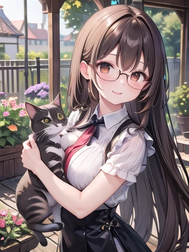 1 female、Brown Hair、Brown eyes、Highest quality、Very detailed、8 Resolution、RAW Photos、masterpiece、Perfect body、High resolution、Highest quality、Detail view、Vibrant colors、Lure、smile、Long Hair、Black-rimmed glasses、Captivating breasts、Cat、hug、garden