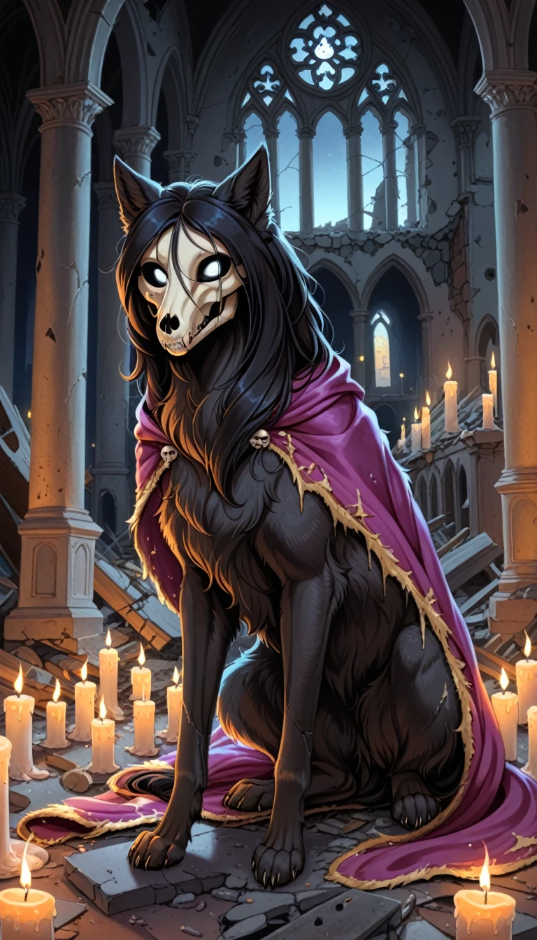 Mammal, Top quality, fullbody, masterpiece, high resolution, detailed body, hi res, absurd res, 1woman, (((feral))), close up, (SCP-1471, MalO, female, feral, MalO body, Canine scull), (naked)),((long Royal fur Mantle:1.5), athletic, black straight hair, long haircut, black fur, detailed fur, on all four, ass to the viewer, three quarter view, (ruined church, destroyed church, abandoned church), detailed light, night color pallet, night pastel soft light, candles,