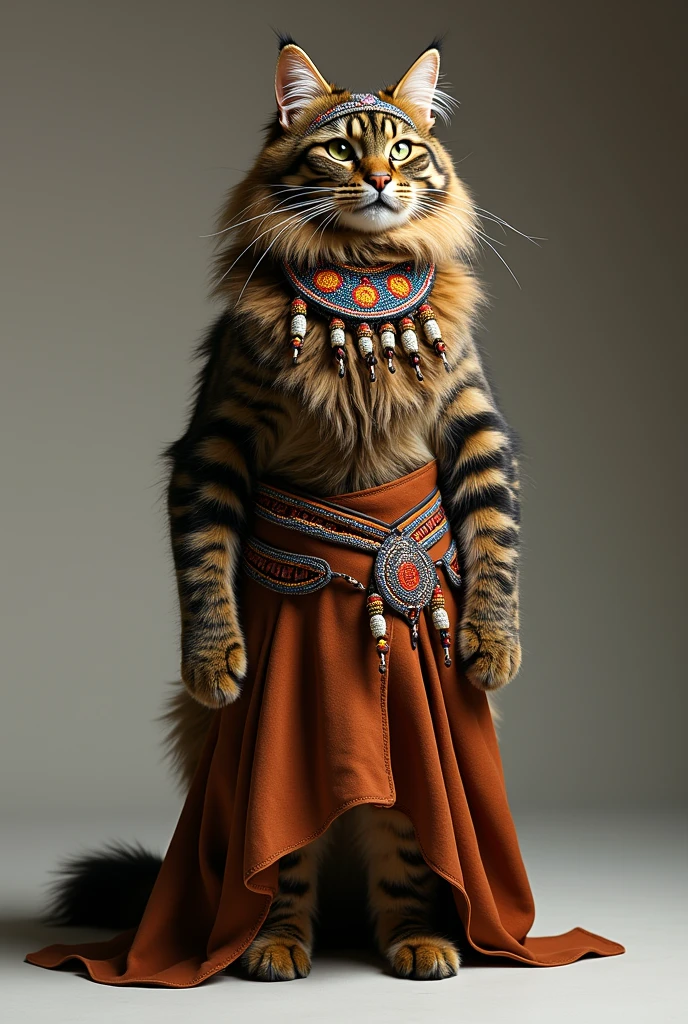 A strong and proud Maine Coon cat dressed in a traditional South African Zulu bridal outfit, with vibrant beadwork, a headband, and an isidwaba (leather skirt). The cat walks on two legs, radiating strength and cultural pride.