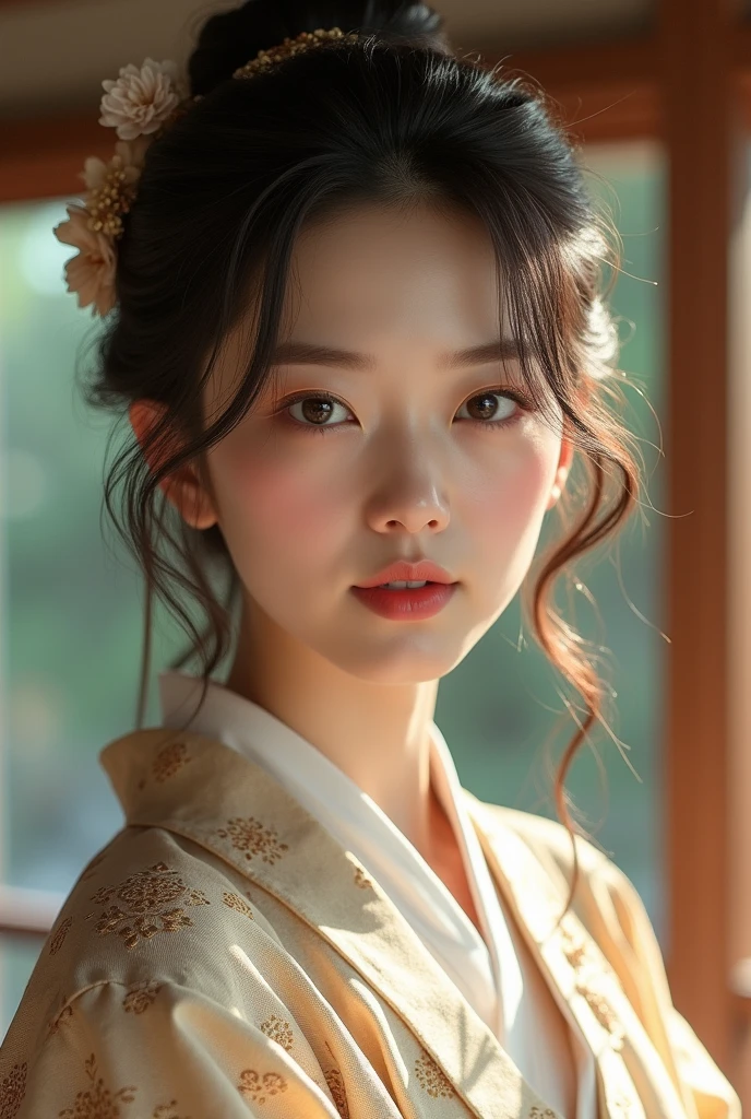 An elegantly dressed Japanese woman in natural light、A close-up of her chest and calm expression.、It shows her inner peace and outer charm.。