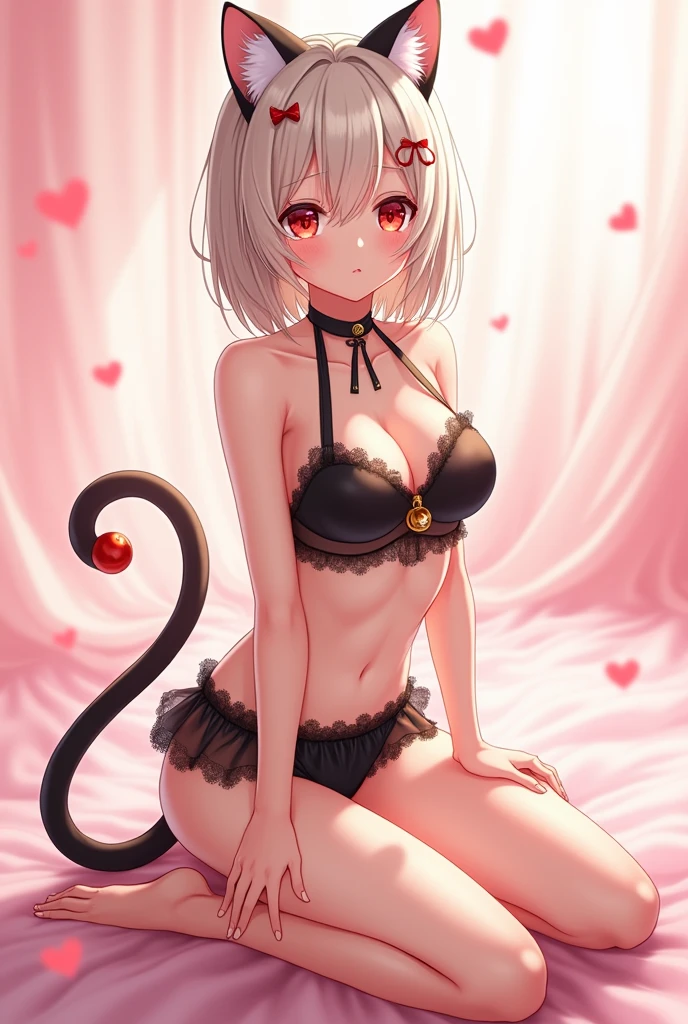 ((greatest masterpiece:1.3, ultimate quality:1.3, ultra-detailed:1.2)), (movie lighting), ((perfectly sensual)), super fine illustration, an extremely delicate and beautiful, 4K, 8K, 16K, UHD, Create an anime-style illustration of a young woman with short, platinum blonde hair and large red eyes, posing seductively on her knees. She is wearing a black, frilly lingerie set with a halter neck design, which includes a bra with a cutout exposing part of her breasts and matching panties. The outfit has cat-themed details, including cat ears on her head and a black cat tail with a red bow and golden bell at the tip. The character also wears black, thigh-high stockings and lace-up high-heeled boots. The background is soft pink with floating heart shapes, enhancing the cute yet alluring atmosphere of the image. The lighting is soft and flattering, highlighting the glossy texture of her outfit and the smoothness of her skin, nice hands, perfect hands, nishikigi chisato, short hair, bangs, blonde hair, (red eyes:1.5), hair ribbon, one side up, bob cut,