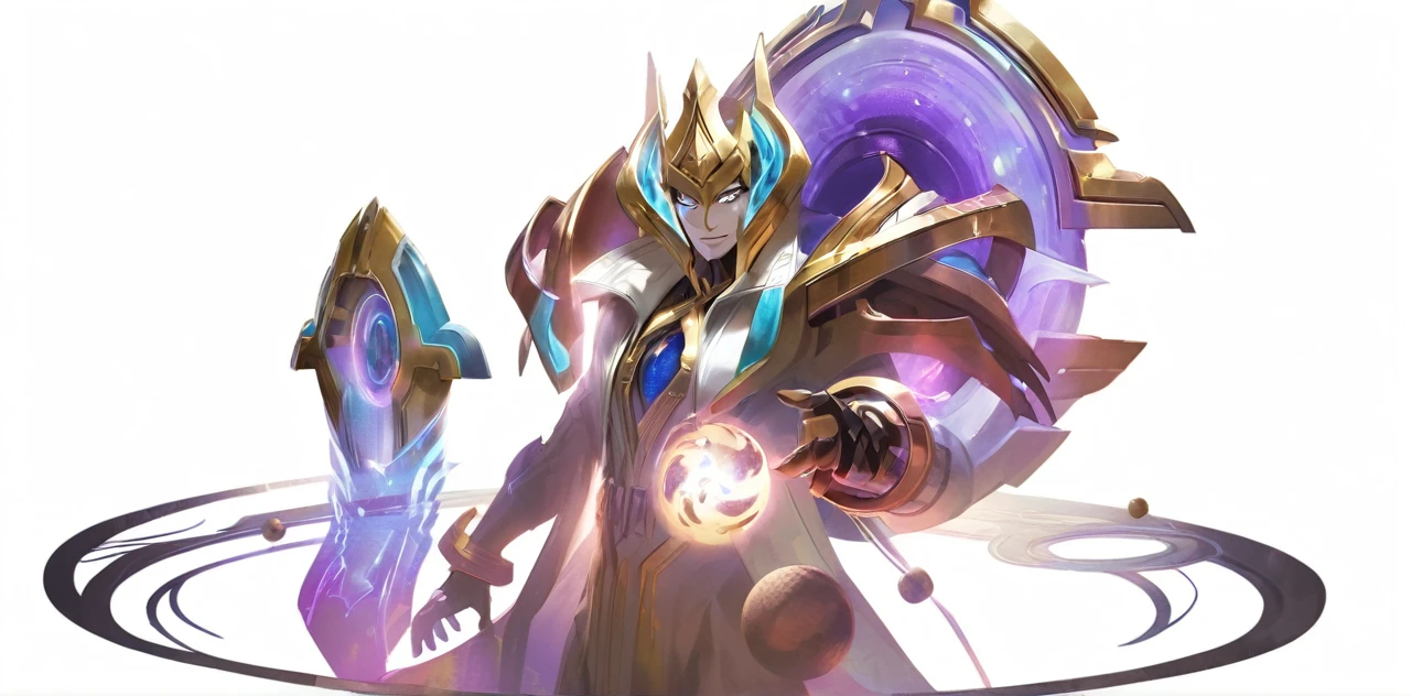 handsome, solo, 1 male, short hair, blonde hair, sharp eyes, gold eyes, white clothes, lighting, fantasy, smile facial