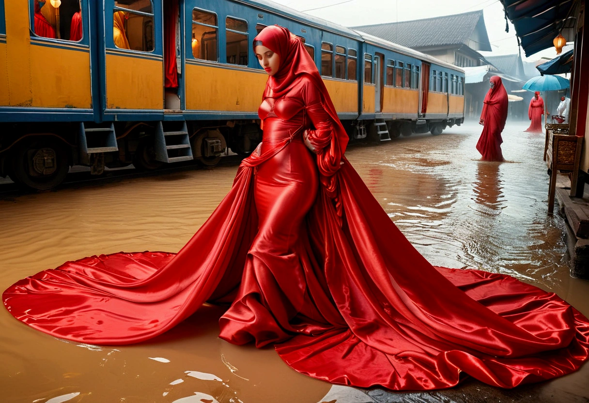 A woman shrouded in a 9-meter-long, plush red satin cloth, tightly bound and grandly draping along the form of her body, flowing off into a pooled floor-length train, styled in a mermaid-inspired outfit with ballon sleeve, her head modestly veiled in a satin hijab, tall woman, walk in wet traditional market, a full-body pose conveying a sense of elegance, captured in a 4k resolution, ultra-realistic