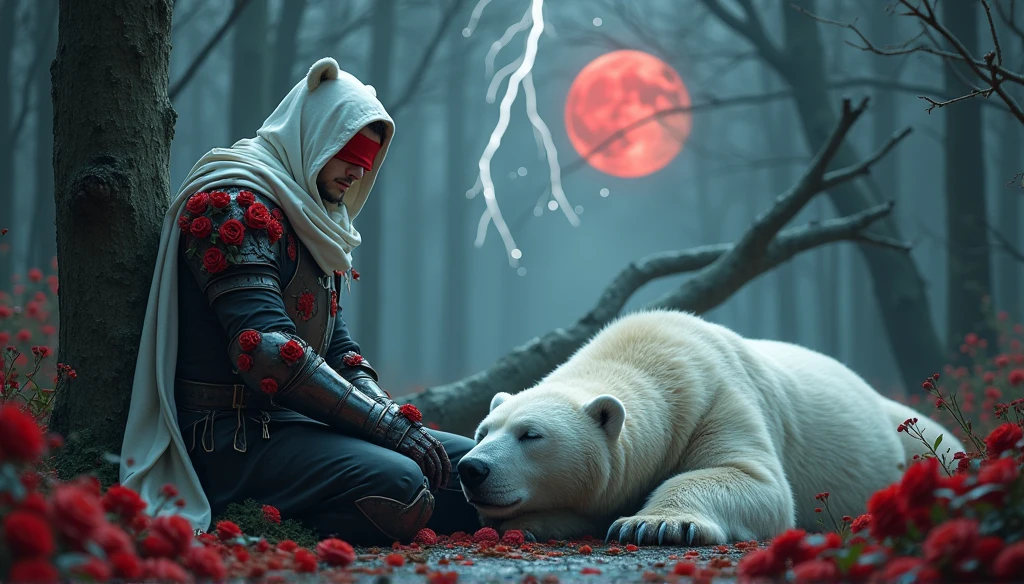 Male knight with a white hood with bear ears with sword behind his back sits on the ground towards a polar bear in a forest while the moon shines, many Roses cover the ground and lightning falls from the sky. The polar bear sleeps in front of the knight. Only the man wears a red blindfold. In the background of the picture is the blood moon and a tree has fallen down in the path. The forest is full of trees with leaves. The armor of the man is black and red roses decorate it. The knight holds his sword down. The sky is full of stars.