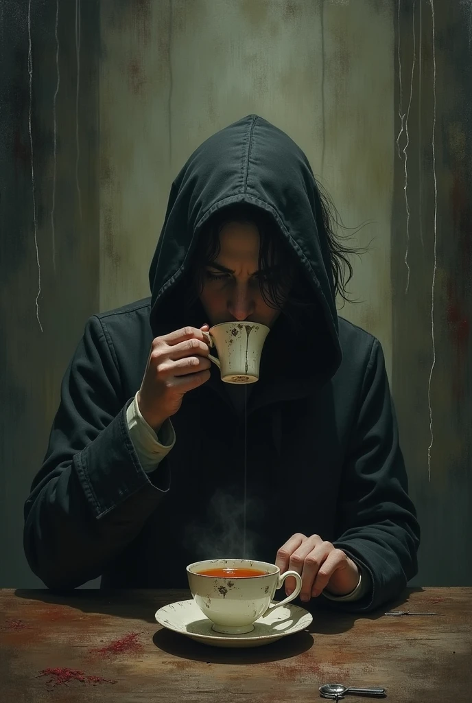 In a creepy room - the protagonist is drinking even creepier tea、Ghosts like to drink it too.、The name of the tea "basket"