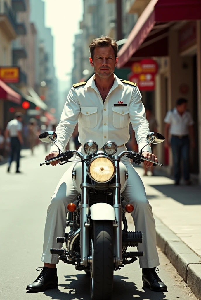 there is a man in uniform of the navy simmilar the movie of officer and gentlemen sitting on a motorcycle on the street, favorite scene, white uniform, harrison ford from indiana jone, matt white color armor, full color still, wonderful scene, sitting on a motorcycle, full scene shot, movie screencap, wearing rr diner uniform, movie screen shot, from a movie scene, shot from movie, white, officer