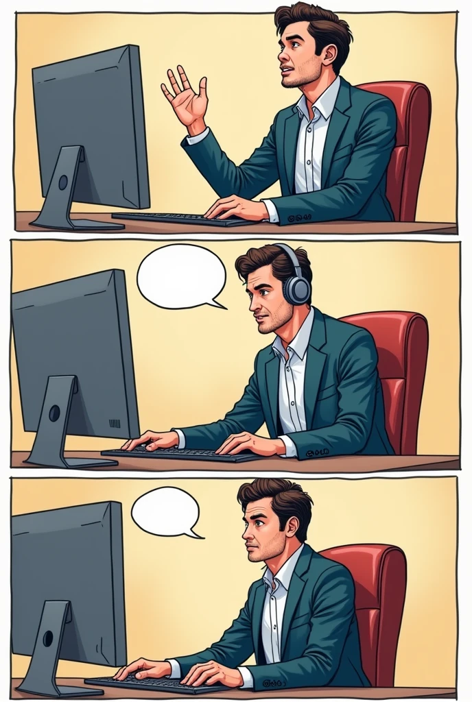 create a comics strip with 5 panels
panel 1: a man is celebrating in front of his computer
panel 2: the man is in formal attire and wearing headphone is working in front of computer.
panel 3: the man in formal attire and wearing headphone was scolded by her mother.