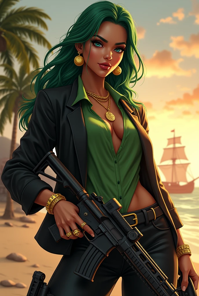 Generate an image of the character RAYA 2,Dewy skin, thick eyebrows, full lips,, also known as 'Raya Death Dealer', do jogo Call of Duty: Modern war: fully body, Wearing a green shirt, black jacket, black trousers,cruel physiognomy, ((new)) big earrings, necklace bracelet, rings, gold watch, at beach, sunset, palmtrees, sculptural body,green  flowing hair, ((machine guns, pistols, Rifle , hand grenades, gold accessories)) standing on a pirate ship