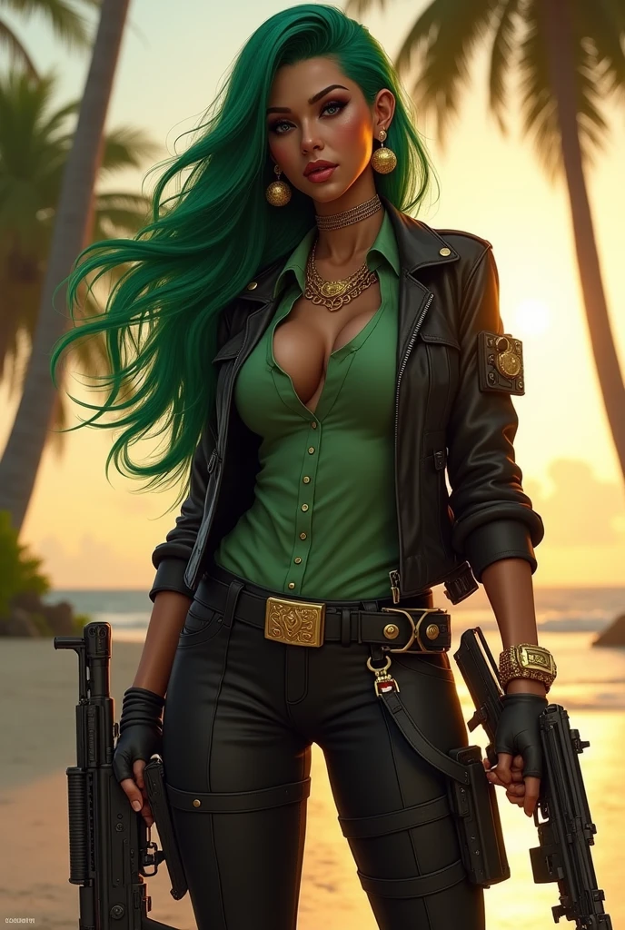 Generate an image of the character RAYA 2,Dewy skin, thick eyebrows, full lips,, also known as 'Raya Death Dealer', do jogo Call of Duty: Modern war: fully body, Wearing a green shirt, black jacket, black trousers,cruel physiognomy, ((new)) big earrings, necklace bracelet, rings, gold watch, at beach, sunset, palmtrees, sculptural body,green flowing hair, ((machine guns, pistols, Rifle , hand grenades, gold accessories)) standing on a pirate ship